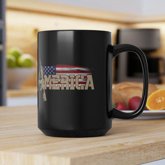 America with Flag and AR-15 Black Coffee Tea Mug, 15oz