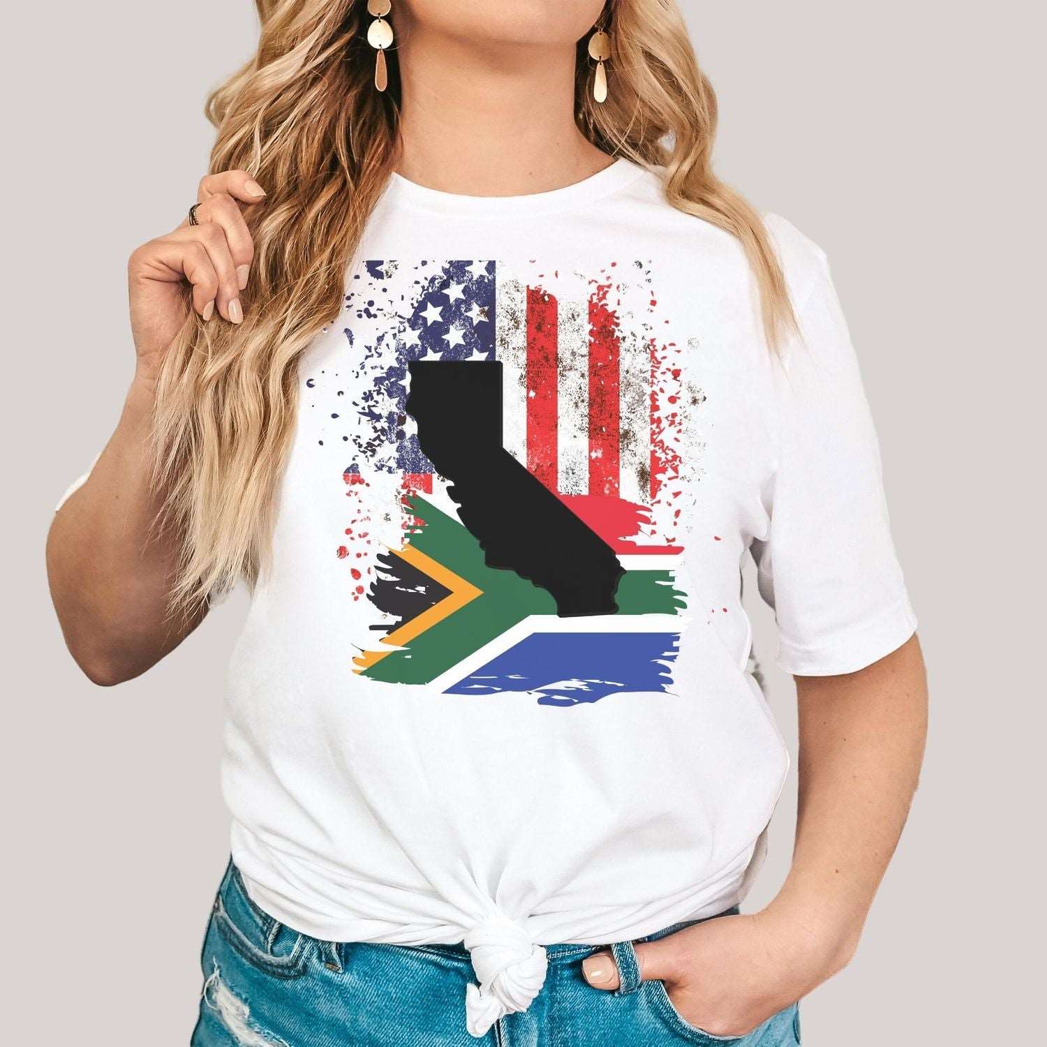 South African Flag with American Flag with California State Emblem Women's T Shirt