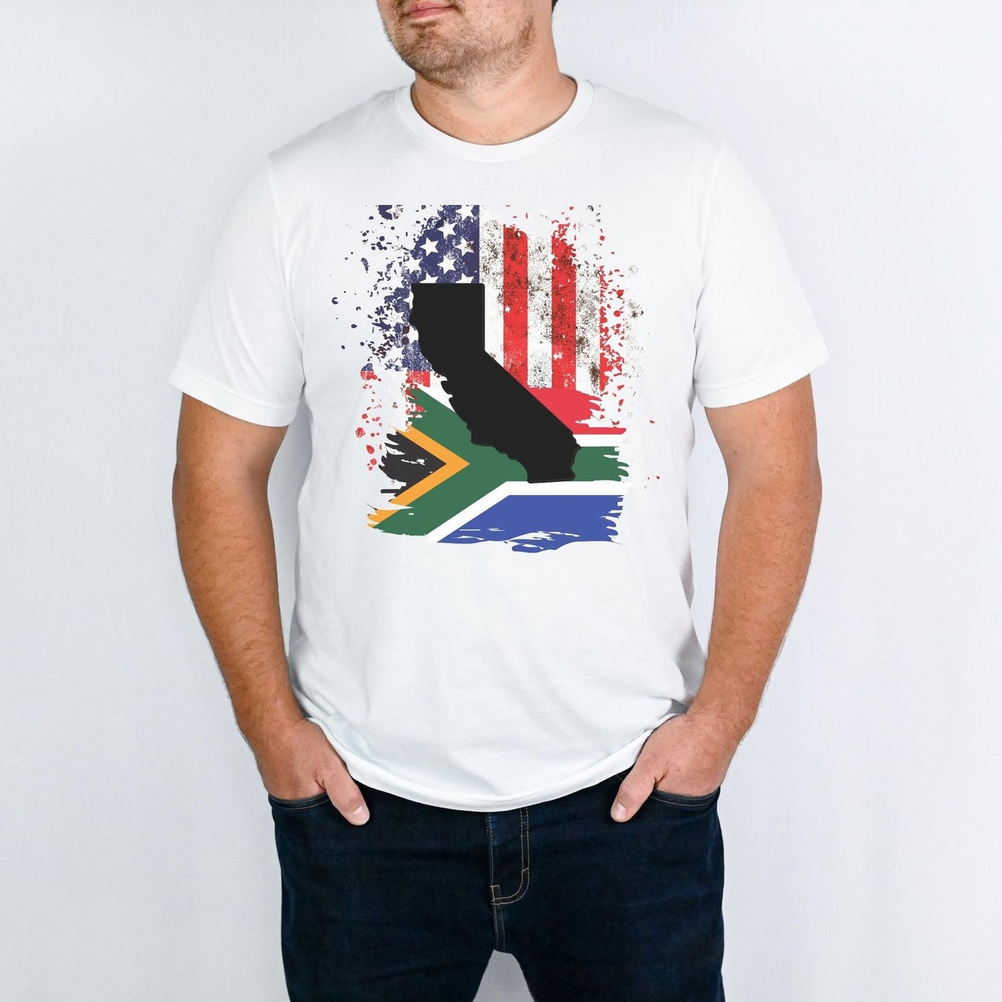 South African Flag with American Flag with California State Emblem Men's T Shirt