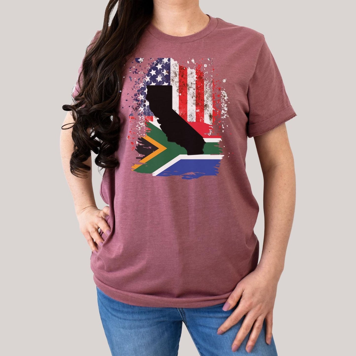 South African Flag with American Flag with California State Emblem Women's T Shirt