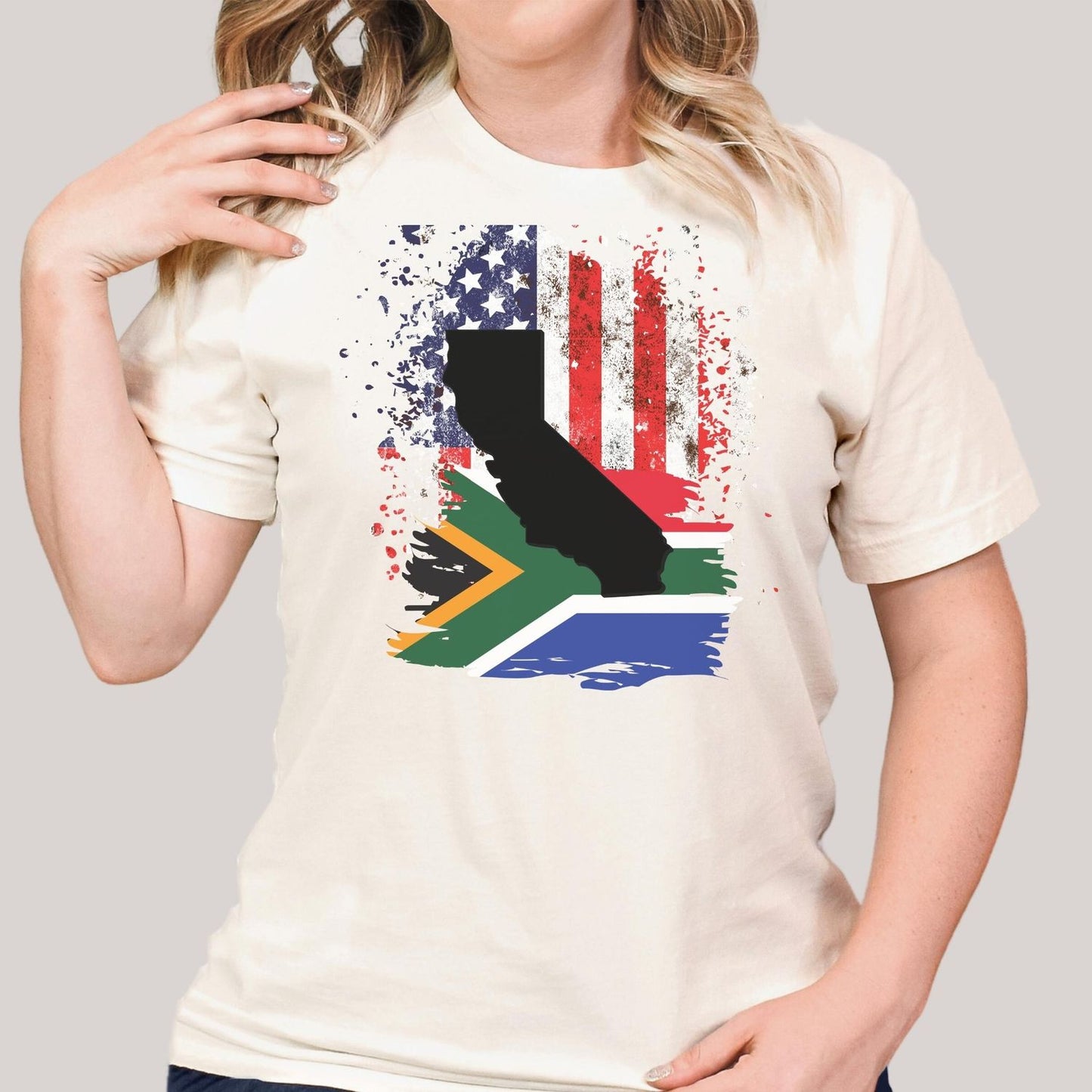 South African Flag with American Flag with California State Emblem Women's T Shirt