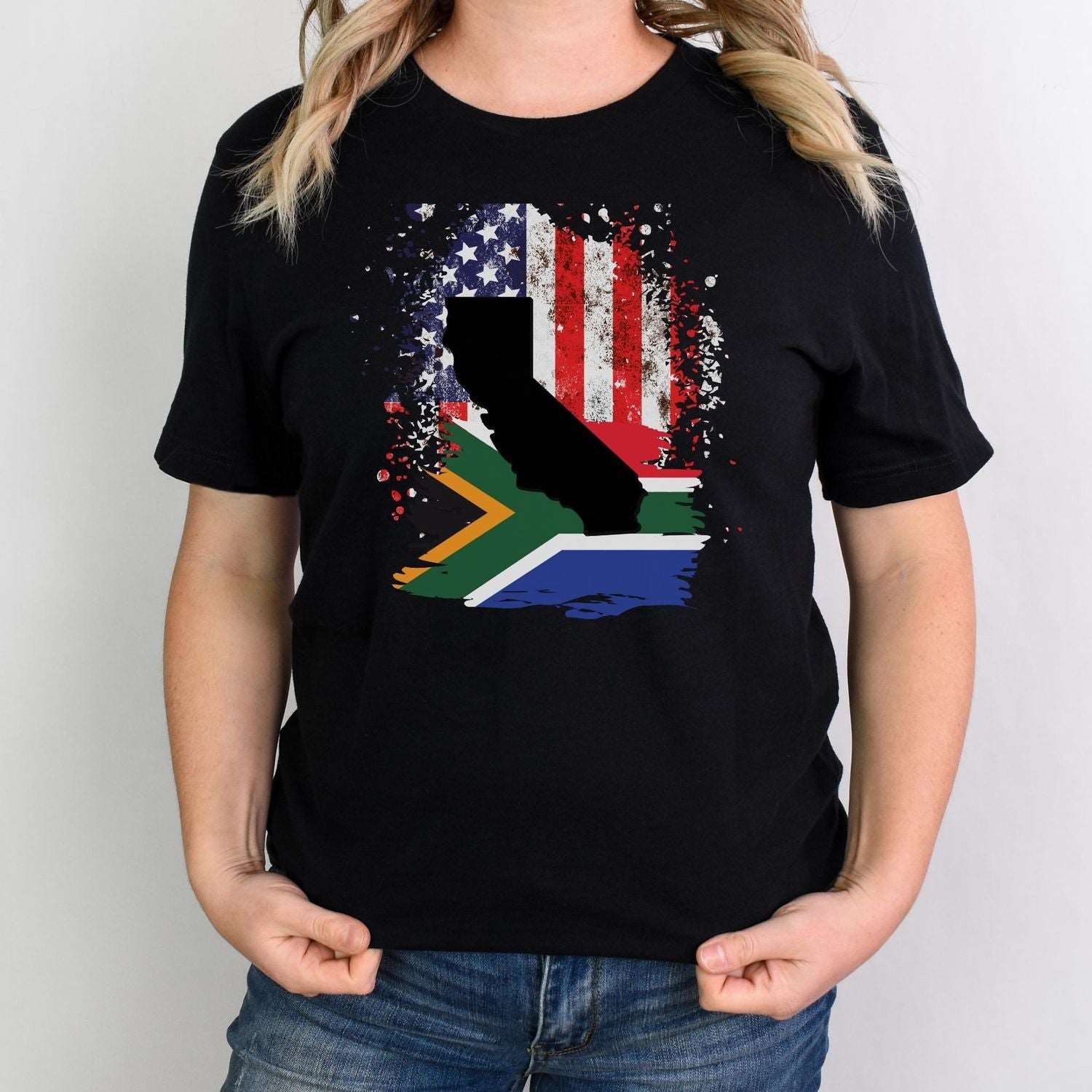 South African Flag with American Flag with California State Emblem Women's T Shirt