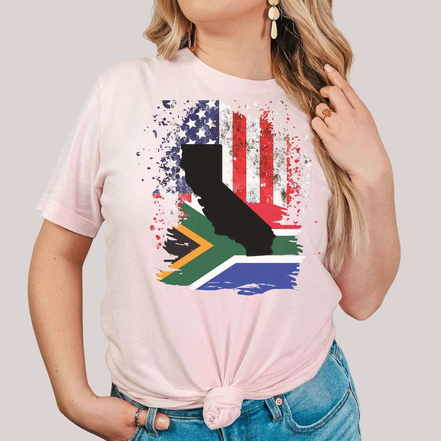 South African Flag with American Flag with California State Emblem Women's T Shirt