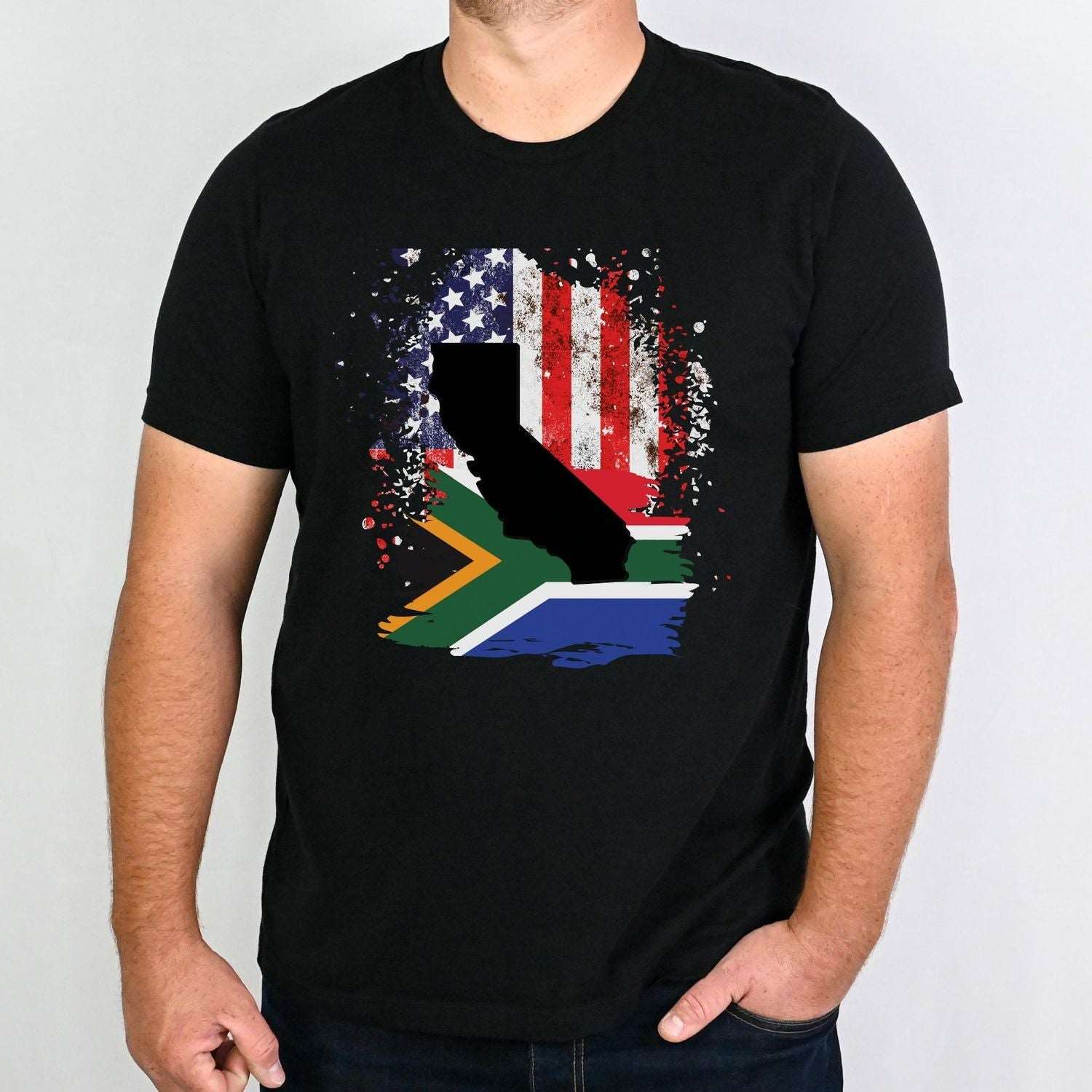 South African Flag with American Flag with California State Emblem Men's T Shirt