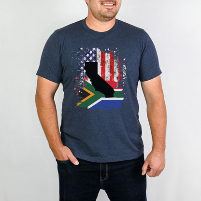 South African Flag with American Flag with California State Emblem Men's T Shirt