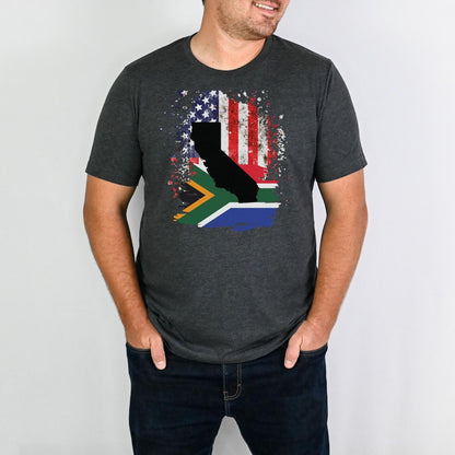 South African Flag with American Flag with California State Emblem Men's T Shirt