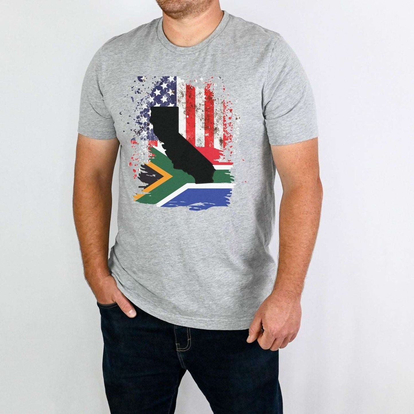 South African Flag with American Flag with California State Emblem Men's T Shirt