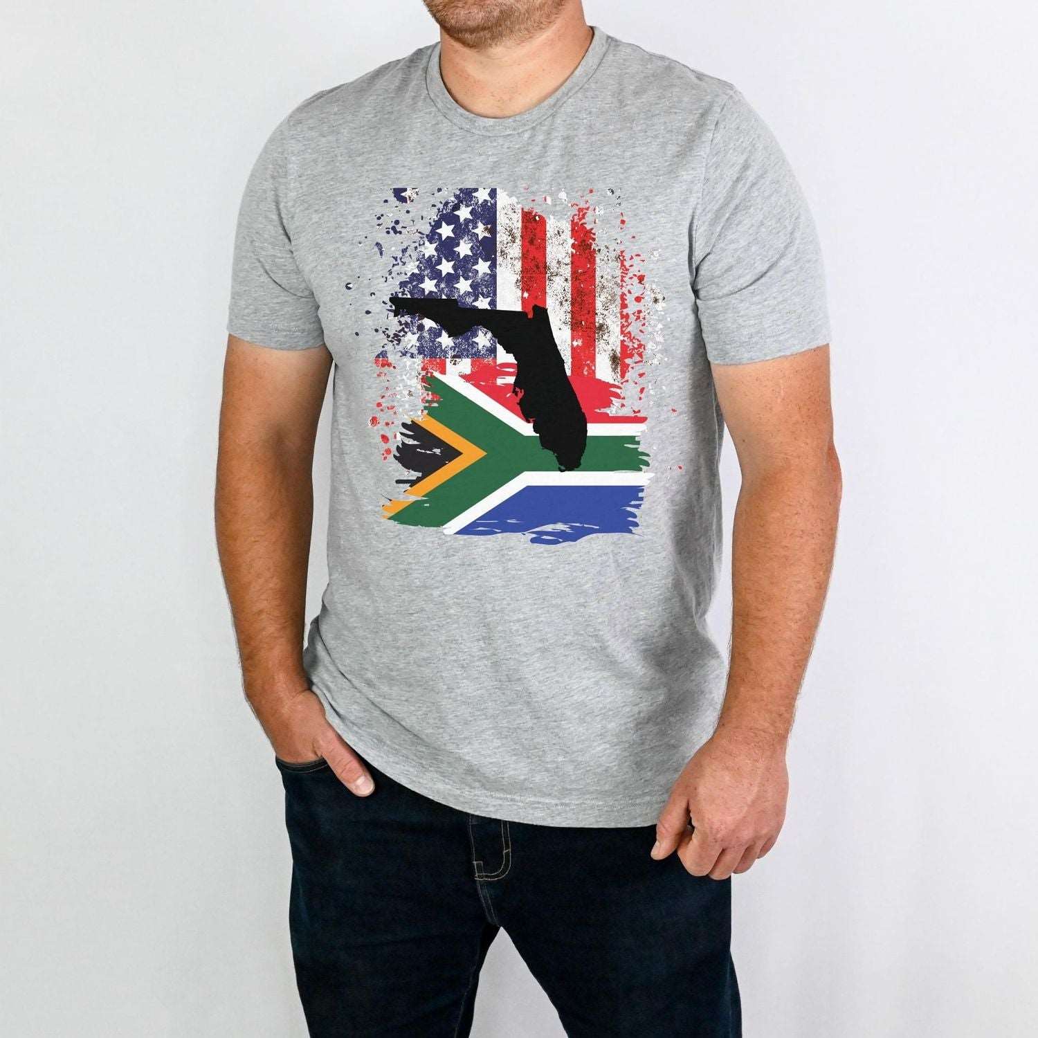 South African Flag with American Flag with Florida State Emblem Men's T Shirt