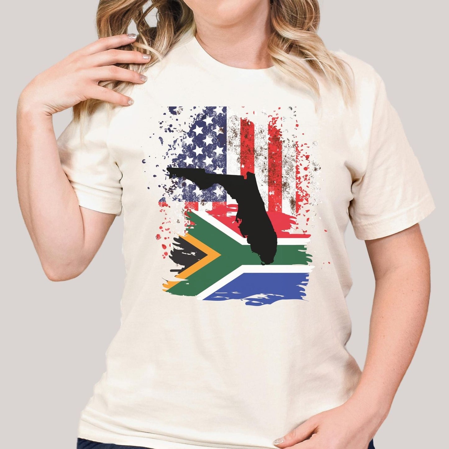 South African Flag with American Flag with Florida State Emblem Women's T Shirt