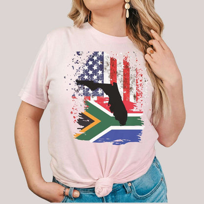 South African Flag with American Flag with Florida State Emblem Women's T Shirt