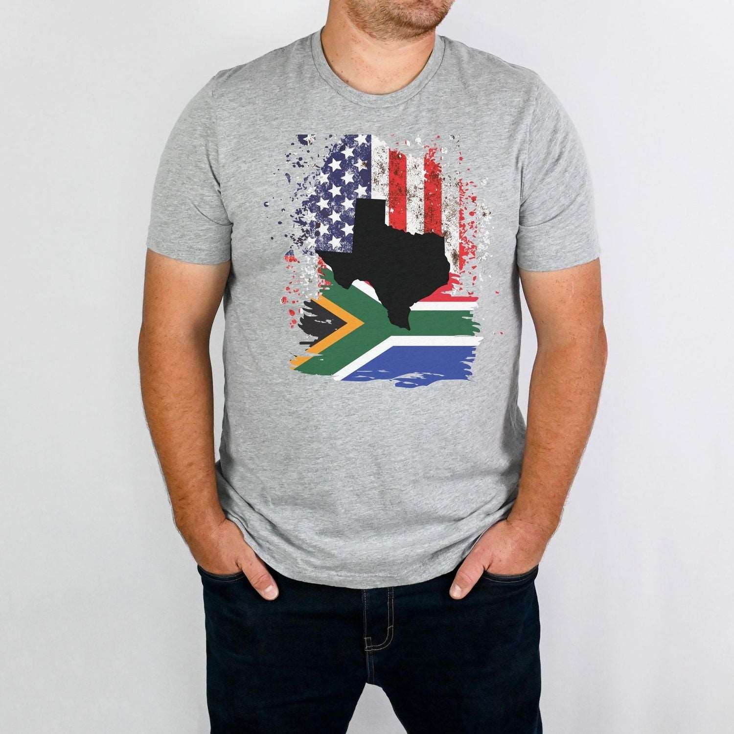 South African Flag with American Flag with Texas State Emblem Men's T Shirt