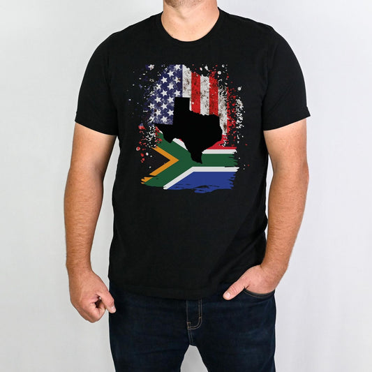 South African Flag with American Flag with Texas State Emblem Men's T Shirt