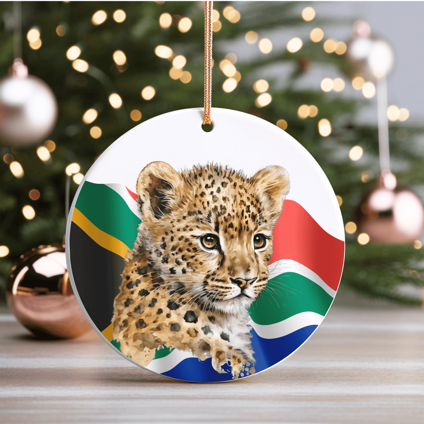 Baby Cheetah with South African Flag Ceramic Ornament for Christmas