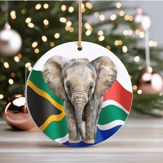 Baby Elephant with South African Flag Christmas Ceramic Ornament