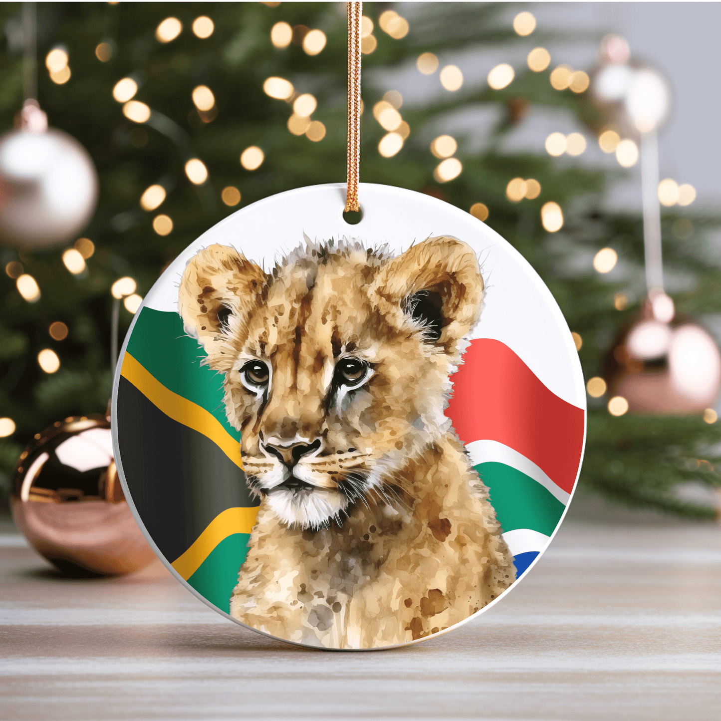 Baby Lion with South Africa Flag Christmas Ceramic Ornament