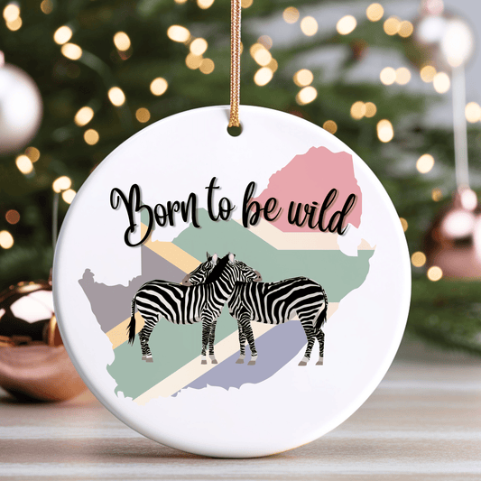 Born to Be Wild South African Flag with Zebras Christmas Ceramic Ornament