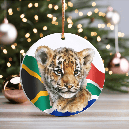 Baby Tiger with South Africa Flag Christmas Ceramic Ornament