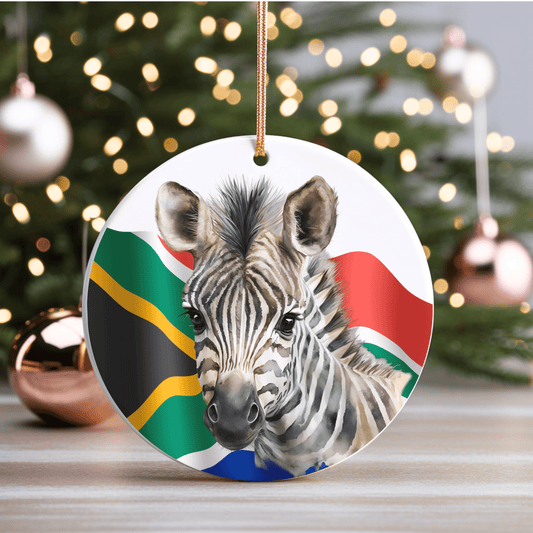 Baby Zebra with South Africa Flag Christmas Ceramic Ornament